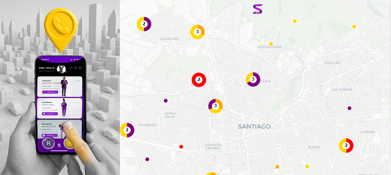 Interfaz de SafeGuard360 mostrando mapa de seguridad y monitoreo